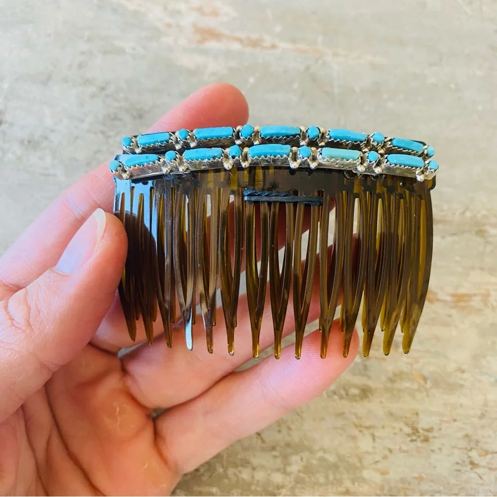 ♥️ Zuni ♥️ Jennifer Booqua Sterling Silver & Turquoise Hair Combs Set - Picture 1 of 8